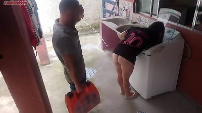 Married housewife pays washing machine repairman with her ball sack while husband is away